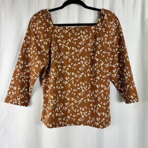 Melloday Brown & White Dainty Floral Structured Top Square Neck Puffed Sleeves S